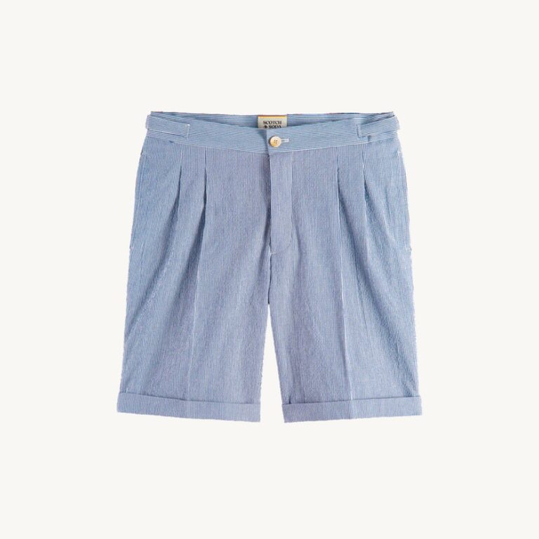 TRIPED COTTON BLEND PLEATED SEERSUCKER SHORTS 3671757856475 BLUE